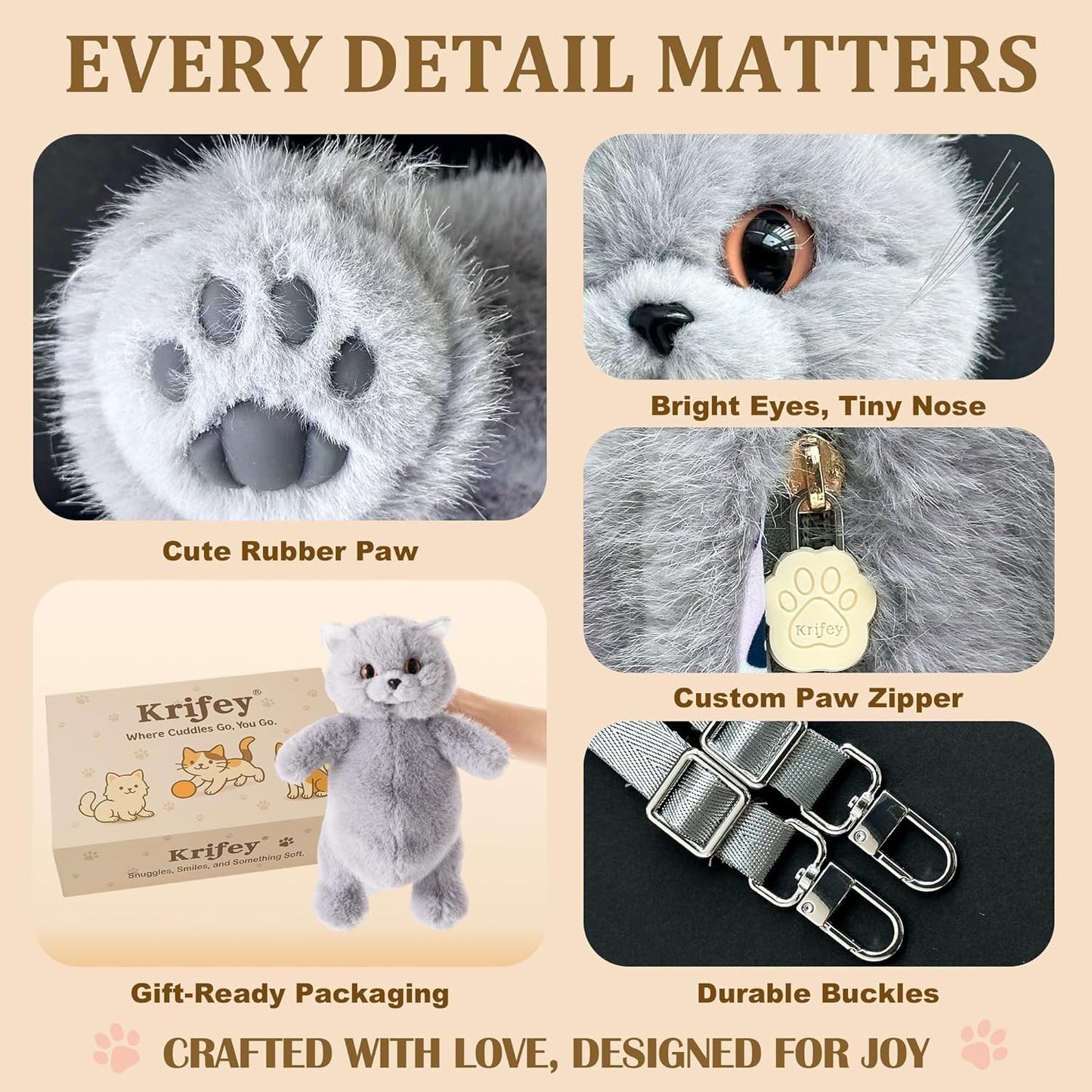 Krifey Cute Cat Handcrafted plush Backpack